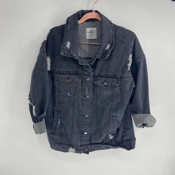 khaki & blue Jackets & Blazers - Khaki and Blue black oversize distressed full button denim jacket womens small
